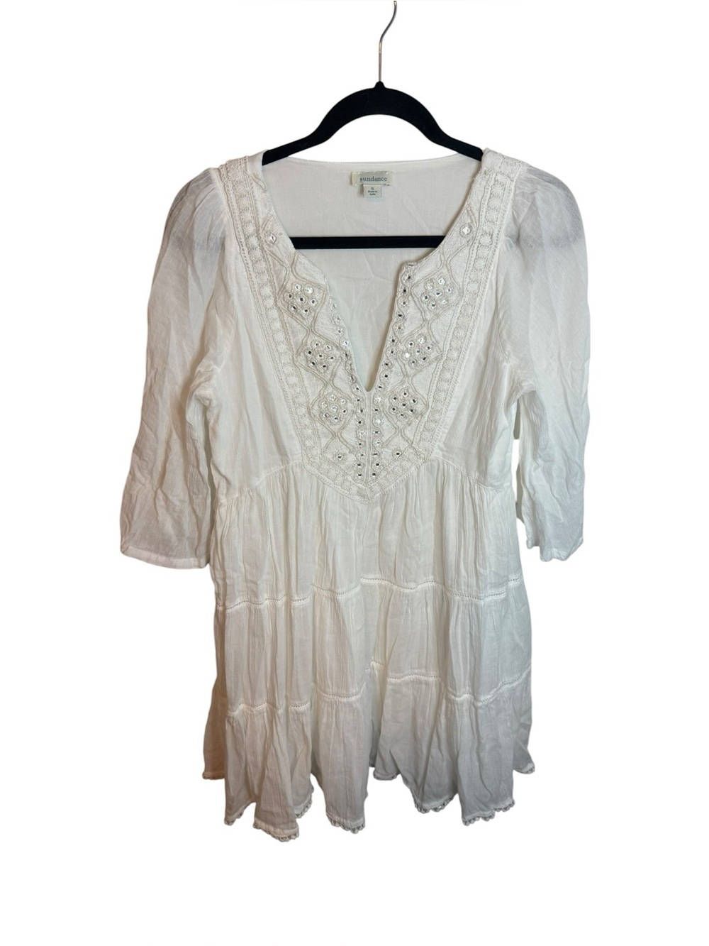Sundance White Cotton Beaded Tiered Coastal Bohemian A-Line Dress
